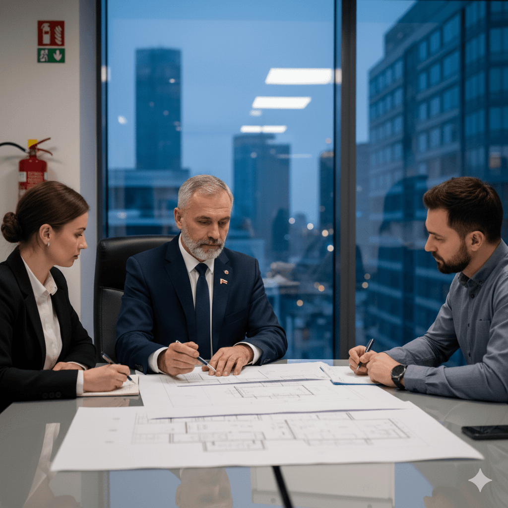 Rzeczoznawca PPOŻ analizujący plany budynku